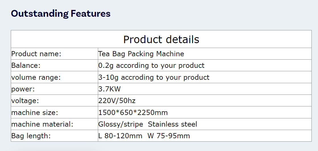 tea bag specification
