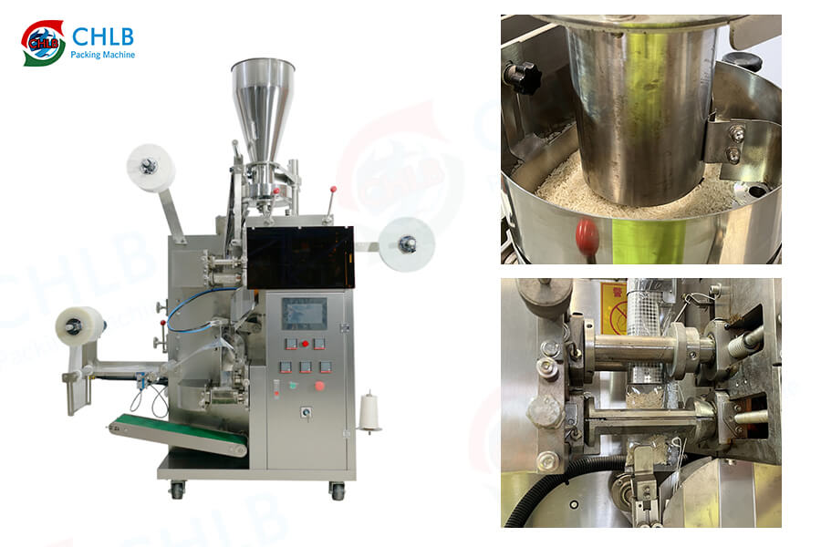 This is a tea bag packing machine with inner and outer bag suitable for small granule tea