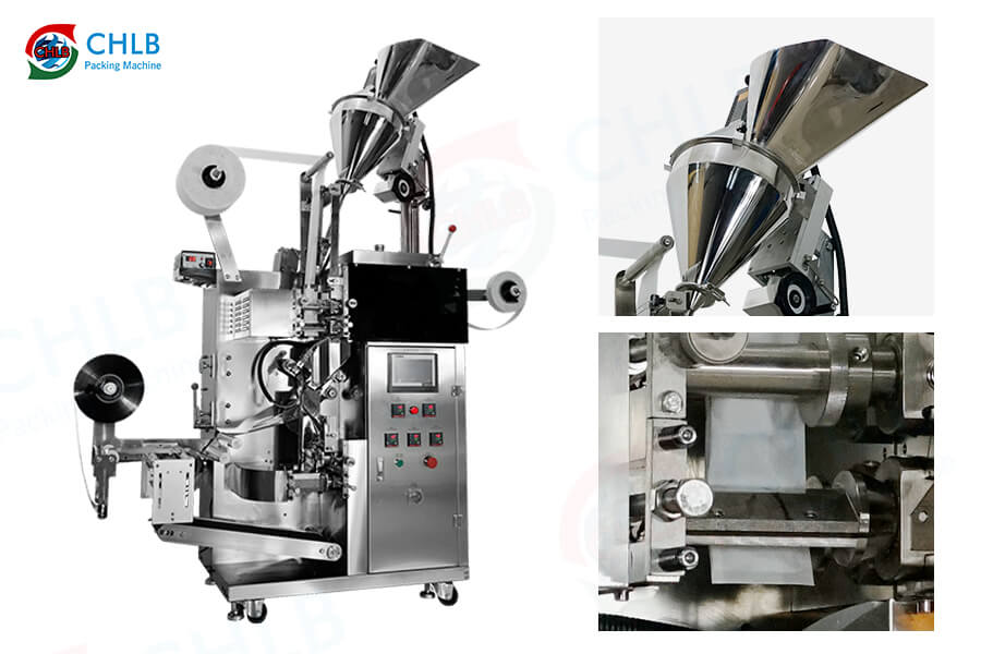 This is a tea bag packing machine with inner and outer bag suitable for powder