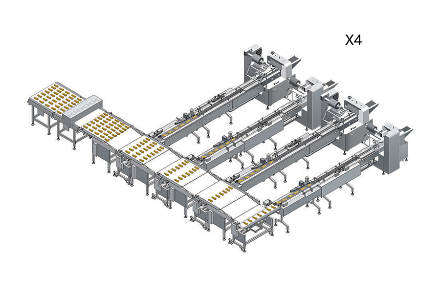 a belt sorting system connecting with 4 packing machine