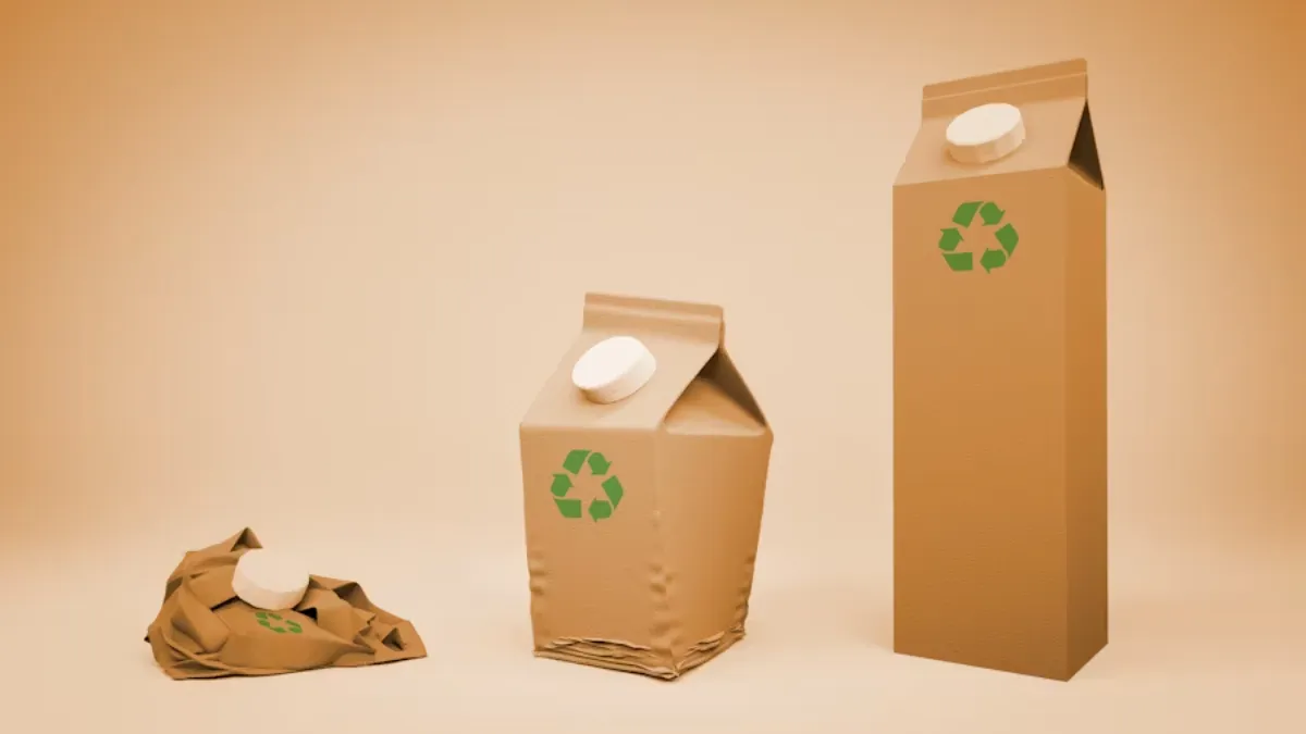 a carton of milk next to a bag of garbage